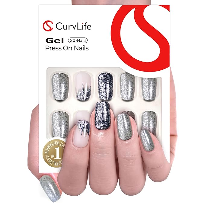 Curvlife Press on Nais Acrylic fake Nais with Design Full Cover False Nais or Women Reusable Nail Kit with Nail Glue Adhesive Tabs Nail File (cement gray gren,30pcs)