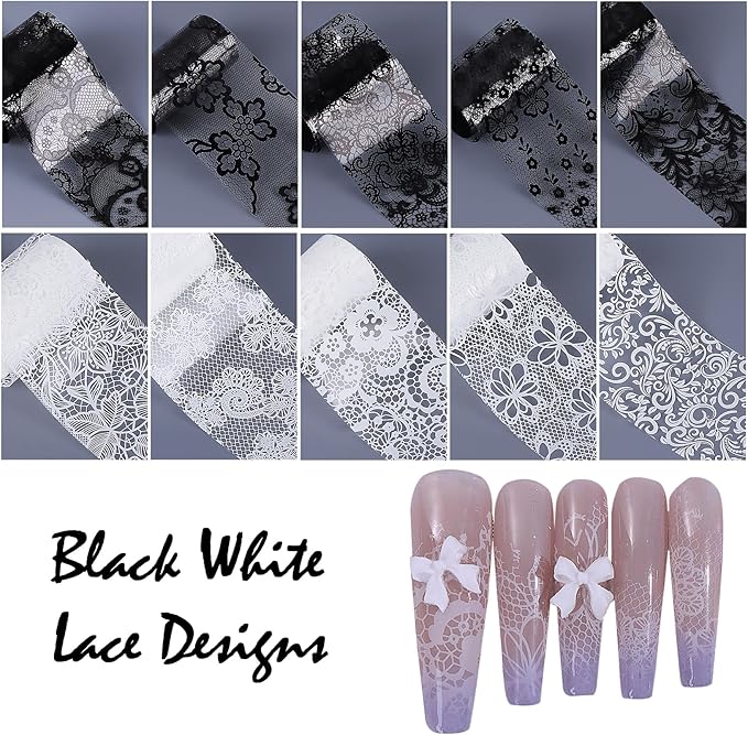 Lace Flower Nail Foil Transfer Sheets 20 Rolls Black White Lace Florals Nail Art Foils Elegant Valentines Sticker Nail Designs Lace Starry Sky Adhesive Valentine Foils Manicure Decoration for Women