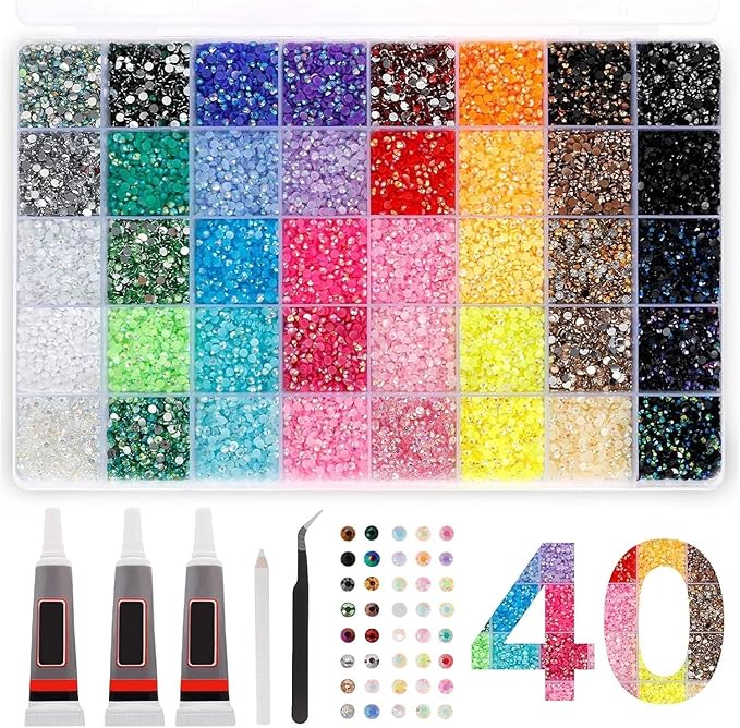 40 Colors Resin Jelly Rhinestones for Bedazzling, 3mm 32000 Pcs Flatback Gems for Crafting, Bedazzling Kit with 3Pcs Glue for Clothing Shoes Nail Book Diamond Art (A1)