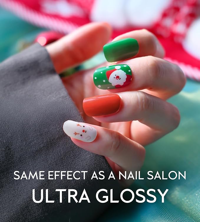 Semi Cured Gel Nail Strips - UV Light Gel Nail Stickers - 20 Long Lasting Salon Quality Wraps (Blissful Christmas Fawn Red&Green)