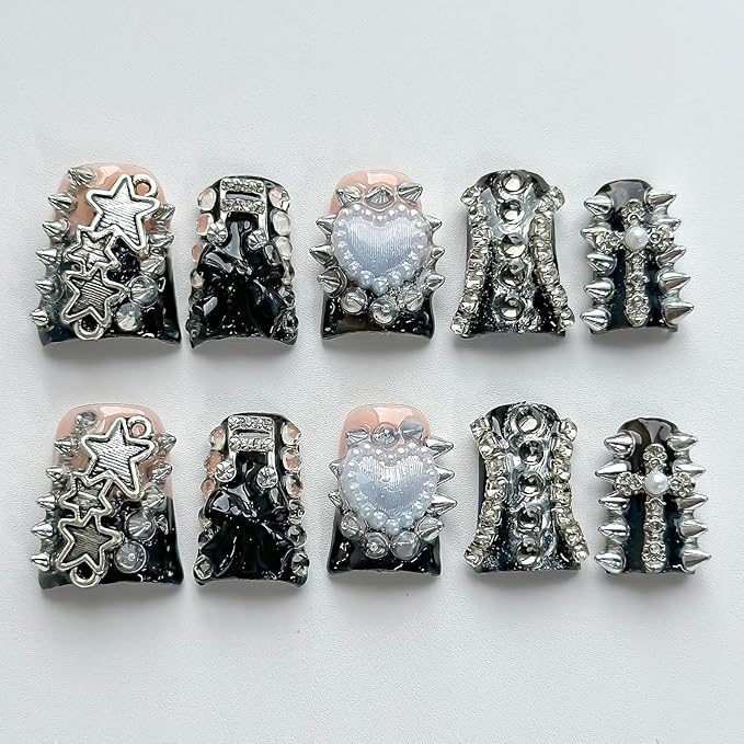 Luxury Press on Nails Short Duck Handmade 3D Unique Reusable ABS Material Fake Nails Black French Tip False Nails with Designs Stars Rhinestones Heart Glossy Glue on Nail Thick Acrylic Nail(S)