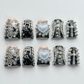 Luxury Press on Nails Short Duck Handmade 3D Unique Reusable ABS Material Fake Nails Black French Tip False Nails with Designs Stars Rhinestones Heart Glossy Glue on Nail Thick Acrylic Nail(S)