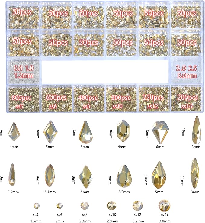 Nail Art Rhinestones - 12 Types of 600 Crystal Champagne Gold Diamonds, 3D Flatback DIY Pearls, Gems, Beads, Flat Back Stones Set, with Kit, for Nail Art Decor