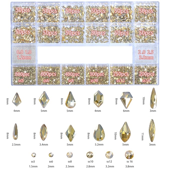 HNUIX Nail Rhinestones - 3D Multiple Shape Size Gems, Champagne Gold, Manicure beads, Pearls, Flatback Crystals Rhinestones, with Kit, for Nail Art Decor