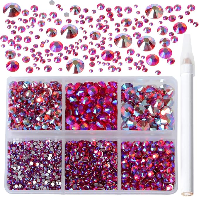 Bymitel 5000 Pieces 6 Mixed Sizes Glue Fix on Glass Rhinestones Round Crystal Gems Flatback for DIY Jewelry Making with one Picking Pen(6-Sizes 5000PCS, Siam AB)
