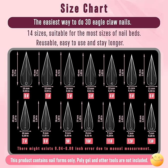 NOVO OVO Halloween Curved Stiletto Nail Dual Forms for Poly Gel Extension of 3D Eagle Claw, XL XXL Hawk Curve Sculptural Acrylic Nails, Reusable Full Cover Molds Nail Art Design 280 Pcs 14 sizes