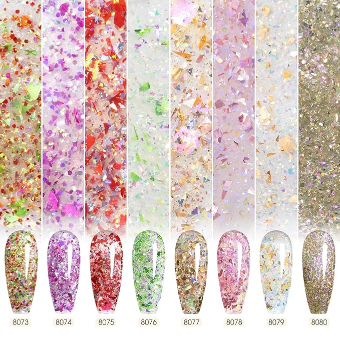 CANNI Gel Polish Glitter Gel Nail Polish Set, 8 Colors Shimmery Prism Flash Red Green Purple Fine Glitter Gel Polish U V LED Soak Off Manicure Kit Gift for Women Girls