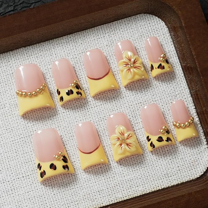 Short Duck Press on Nails Handmade Luxury 3D Leopard Print - Yellow French Tips with Hibiscus Flower Charms, Reusable Thick Acrylic Full Cover (Blush Yellow Leopard Bloom, L)