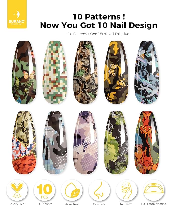 BURANO Nail Art Nail Foil Glue Gel, o.5 oz with 10PCS Foil Stickers Set Nail Foil Glue for Nails Foil Transfer Gel, Nail Design DIY UV LED Lamp Required (Color 19)