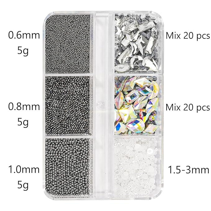 3D Nail Art Charms - Black Mineral Caviar Beads & Rhinestones Mix Size Multishape AB Pearls for Acrylic Nails DIY Craft Decoration