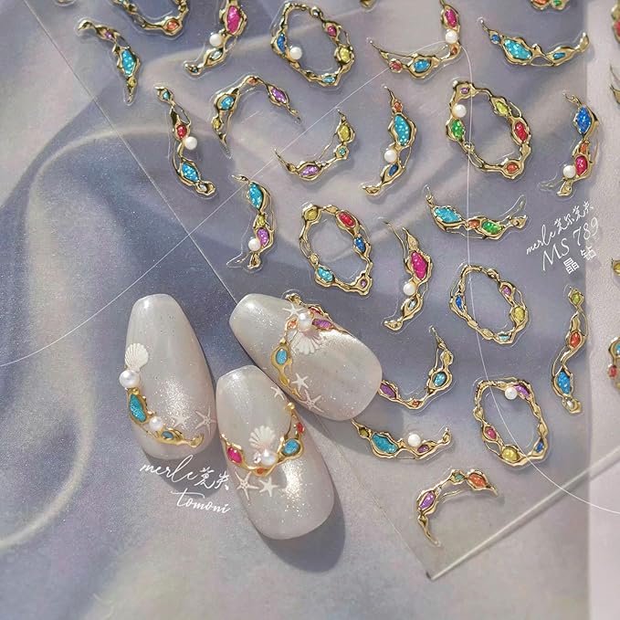 Pearl Gem Nail Stickers Diamond Nail Designs 3D Self-Adhesive Red Rhinestone Nail Decals 5D Embossed Gold Gemstone Jewelry Ribbon Summer Sticker Manicure Accessories for Women Girls DIY Nails 1 Sheet