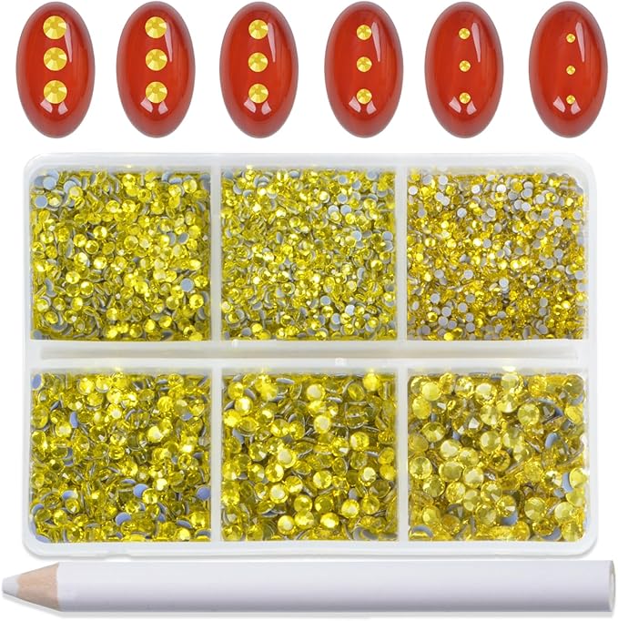 Bymitel Hotfix Crystal Rhinestones Round Gems for Crafts,Mixed 6 Sizes with Wax Pencil Kit, Citrine1.3-3.2mm(SS3-SS12/8000pcs)