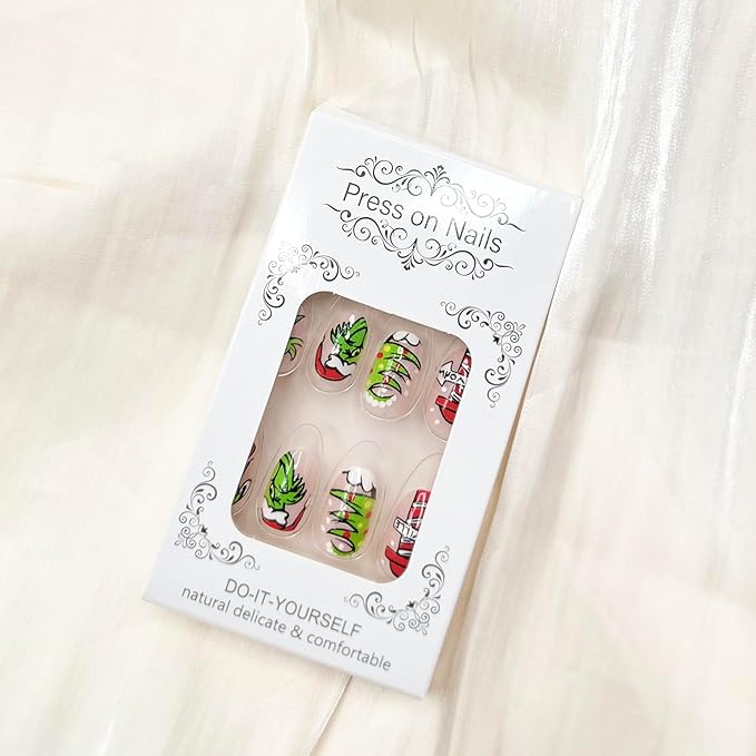 Christmas Red White Stripe Press-On Nails - Short Almond Shaped False Nails With Green Monster Designs - Full Cover Winter Acrylic Xmas Stick-On Nails for Women - DIY Nail Art - 24 Pcs