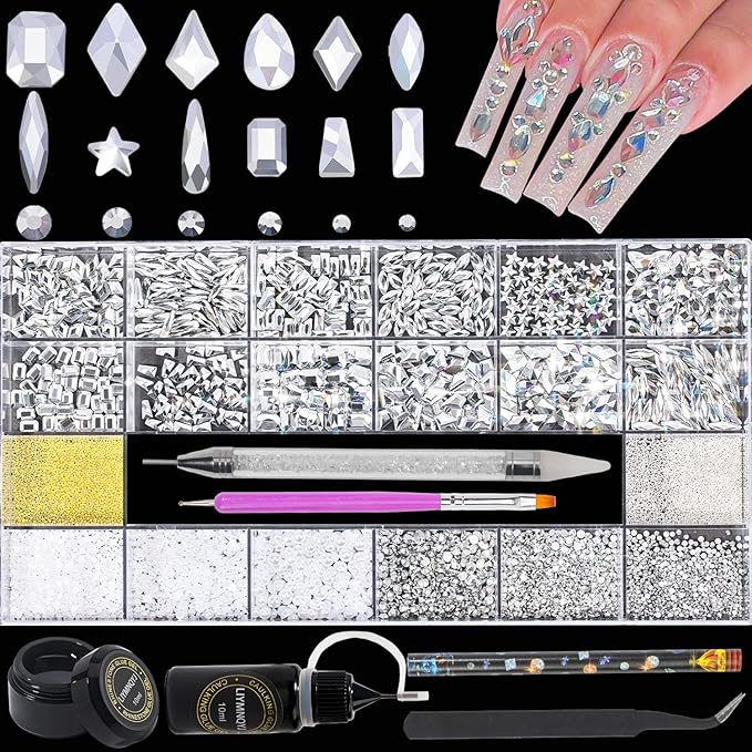 Nail Rhinestones Kit 9080PCS Flatback Rhinestones for Nail Crystals Decoration Nail Hearts Multi Shapes Mix Size and Metal Beads Pearl Gold Silver with Glue Gel and Pen Brush Tweezers(Mine Silver)