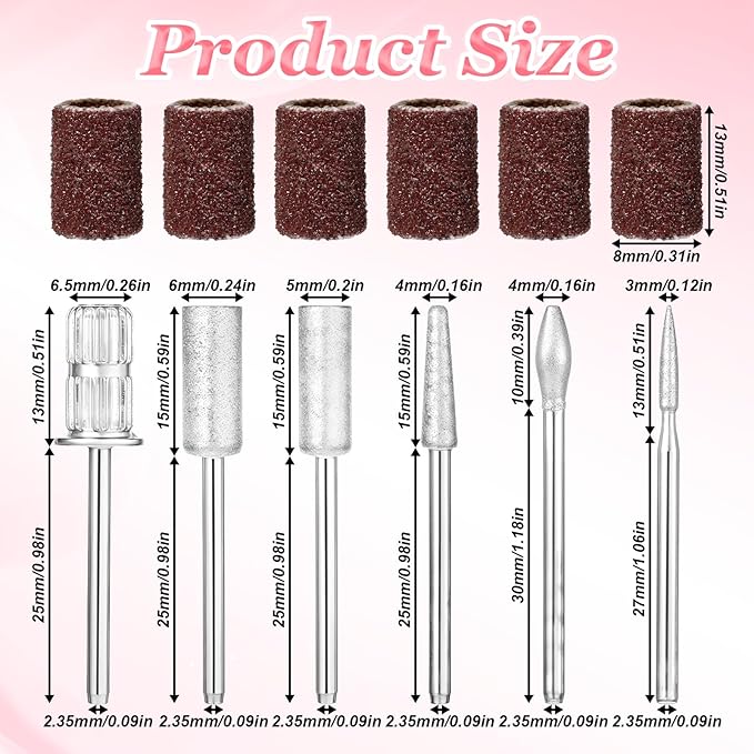 6Pcs Nail Drill Bits Set 3/32" Nail Drill Bits Sanding Bands Nail Drill Bits for Machine Replacement Electric File Nail Bits for Acrylic Gel Nails Cuticle Manicure Pedicure Polisher