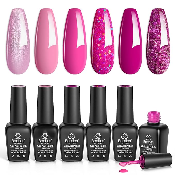 beetles Gel Polish Pink Angel - Valentine Gel Nail Polish Set Pink Rose Nude Glitter Sparkle Light 6 Colors Kit Soak off Uv Led Nail Art DIY Salon Home Gift for Women Girls