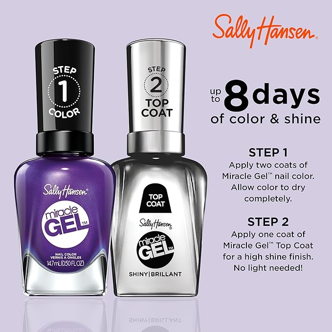 Sally Hansen Miracle Gel Salon Quality Nail Polish | Gel-Like Formula, Two-Step System, No UV Light Needed, Long Lasting | Opaque, Shimmery | 579/570 Purplexed | Vivid Purple Nail Color