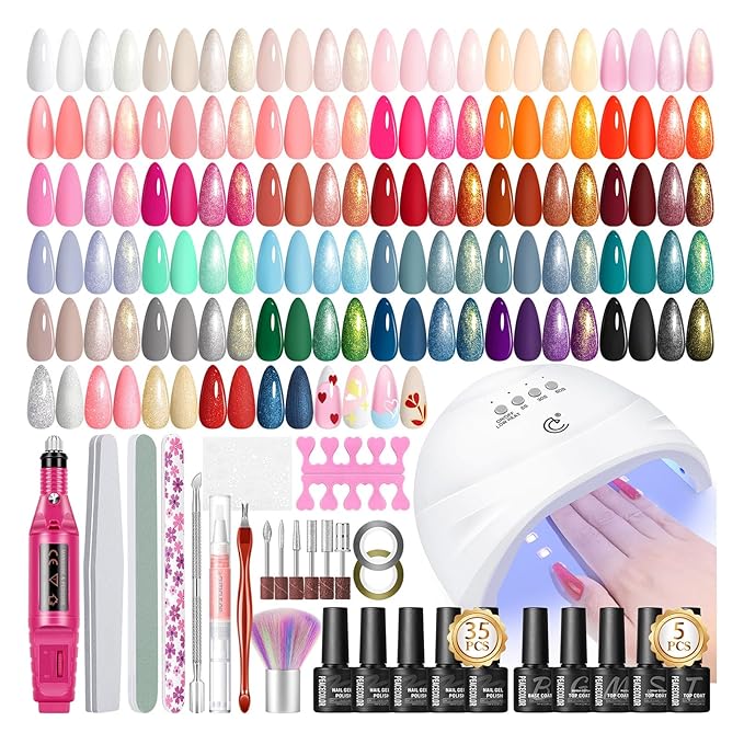 PEACECOLOR 53PC Gel Nail Polish Kit with U V Light and Drill 35 Colors Soak Off Gel Polish with Matte Glitter Glossy Top Base Coat Art Manicure Complete Nail Polish Kit Gifts for Women