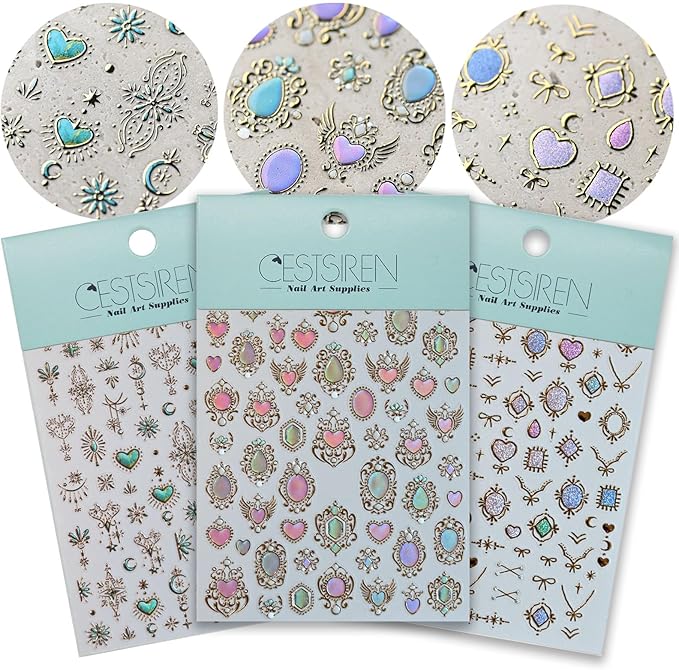 Holographic Heart Nail Art Stickers, Aurora Nail Decals, Self-Adhesive, Golden Nail Accessories for Women, Nail Decorations 3 Sheets