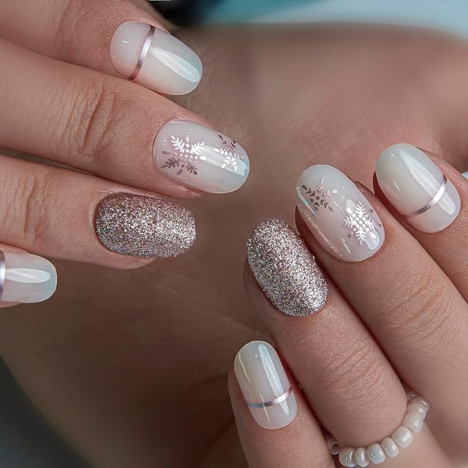 Curvlife Press on Nails Acrylic Fake Nails with Design Full Cover False Nails for Women Reusable Nail Kit (Snowflake Silver, 32pcs)