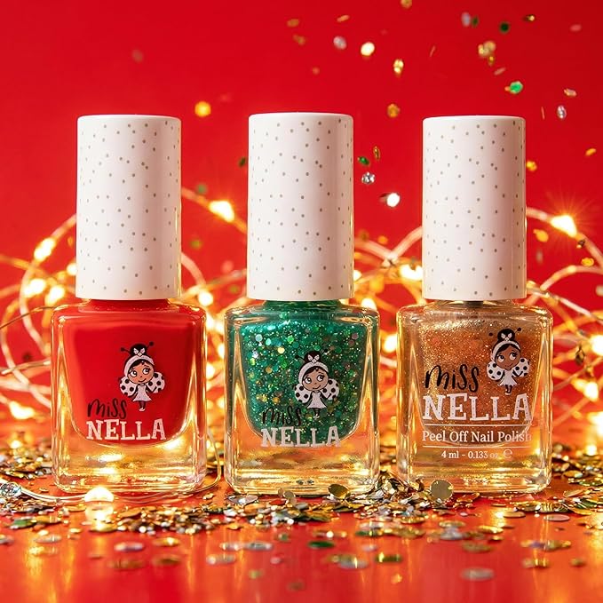 MISS NELLA CHRISTMAS SPARKLE- Peel Off, Odour Free, Water Base & Safe for kids nail polish pack of 3- green (glitter), red & gold (glitter)