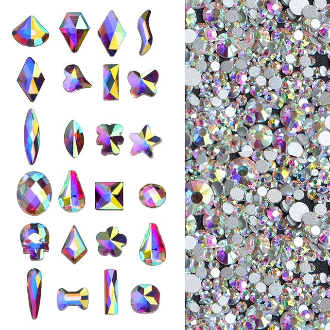 2000Pcs AB Crystal Rhinestones Set (1760pcs+240pcs), Round & Multi-Shape AB Glass Rhinestone, Flatback AB Crystals for Nails, Clothes, Face, Jewelry | Aurora Borealis