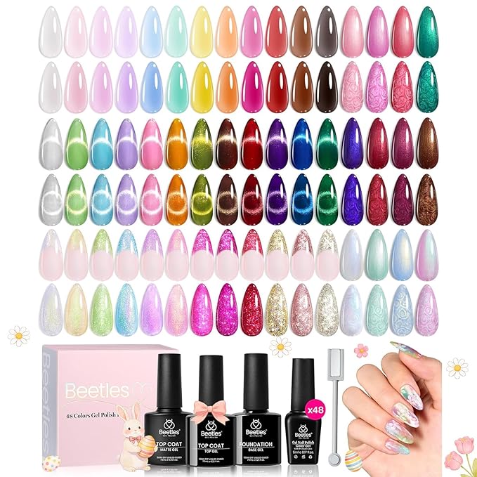 Beetles Spring Gel Nail Polish Set - 53 Pcs 48 Colors Cat Eye Gel Nail Polish Pink Jelly Nude Red Green Blue Glitter Shell Shread Salon DIY Home UV LED Easter Gifts for Women Vivid Moments