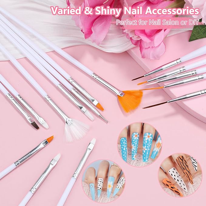 20 Nail Art Brushes Kit with Striping Tapes, Gold Flakes, Pearls, Rhinestones, Glitter & Flower Stickers for Gel Nails DIY Manicure Set (White)