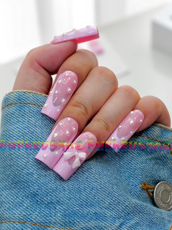 Euphrosyne Long Oval Gold & White Press On Nails – 10pcs Fake Nails with Stars, Hearts & Rhinestones | Festive Stick-On Nails for Christmas, New Year or Party Look