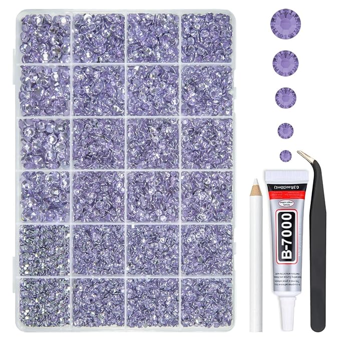 Light Purple Crystal Resin Rhinestones w B7000 Glue for Bedazzling Crafting 2mm-6mm Flatback Stones Diamonds Crystals Gems Bedazzler Kit for Nails Face Eyes Makeup Tumblers Bottles Crafts Shoes