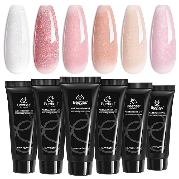 Beetles Poly Nail Gel Set - 6 Colors Nude Pink Glitter Poly Extension Gel, Strong Builder Enhancement for Salon Manicure DIY Home, Long Lasting, Gift for Women Girls, UV & LED Needed