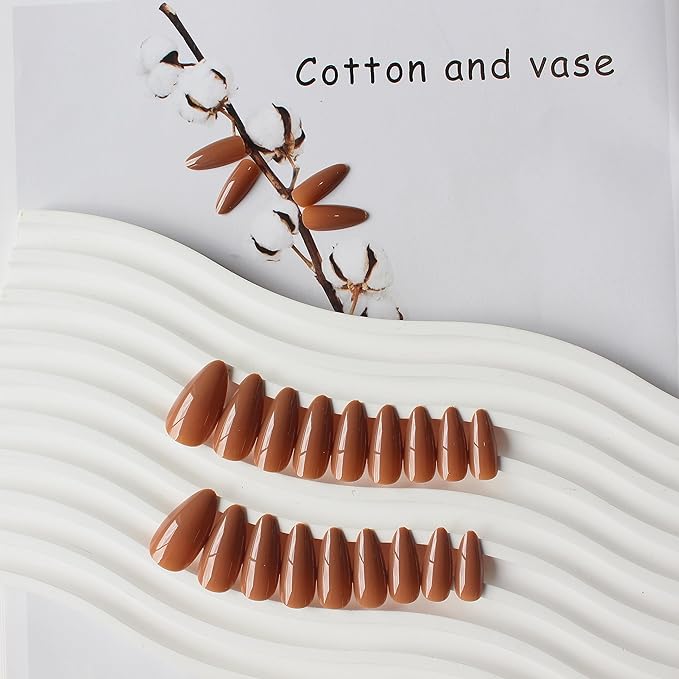 Light Brown Press on Almond Shaped Medium Nails - Neutral Acrylic Reusable Fake Nails for Women - Glue on Medium Length Stiletto False Nails - Soft Gel Artificial