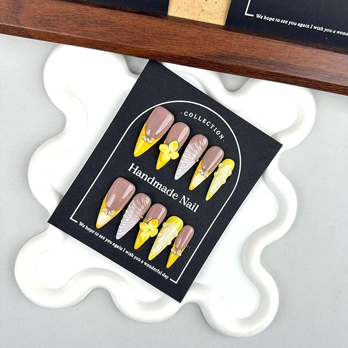 100% 5D Handmade Press on Nails with Charms Long Stiletto Nails Press ons- Waterdrop False Nails Ombre Orange Yellow Press on Nails Summer Fake Nails for Women Girls Daily Wear DIY Manicure Size M