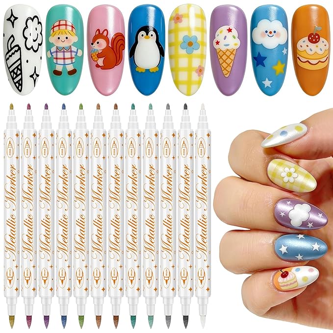 12 Colors Nail Art Pens Set - Metallic Color, 3D Nail Polish Pens Quick-Drying Acrylic Paint Markers For Nail Art Drawing Painting Nail Point Dotting Liner Pen, Nail Design Kit Manicure Salon DIY