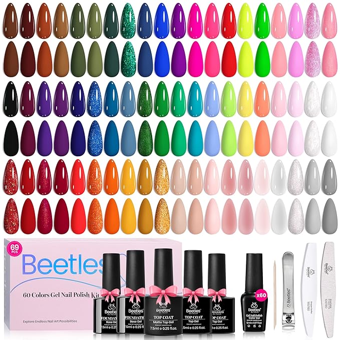 Beetles Gel Nail Polish Set - Style Manifesto 60 Colors Spring Uv Gel Polish Kit Jelly Pink Glitter Nude White Red Blue Green Base Glossy Matte Top Coat Easter Gift for Her Women