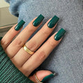 KQueenest Dark Green Press on Nails Long Medium Square, Forest Green Fake Nails Medium Coffin, Glossy Sheer Color Acrylic Nails Press ons, Reusable Soft Gel Glue on Nails for Women Finger Wear