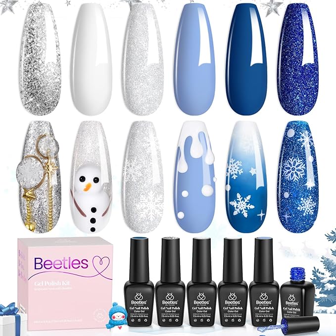 beetles Gel Polish Set, Glitter Snowflakes Collection Blue Polish Set, White Glitter Navy Blue Silver Nails Color Gel Soak off UV LED Lamp Gift for Her