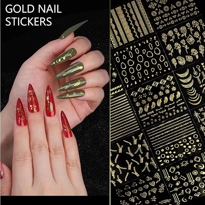Teentior Nail Charms Gold Rhinestones for Nails with 15 Sheets Gold Nail Stickers, 6 Boxes Nail Gems Pearls for Nails, Cross Nail Charms for Nails Design Nail Art Rhinestones, Caviar Beads for Nails