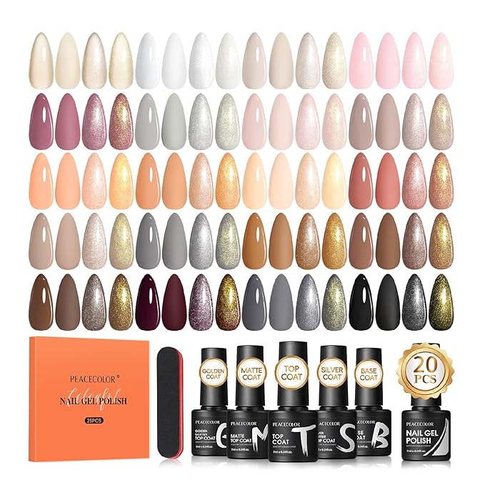 Peacecolor 26PCs Gel Nail Polish Set, 20 Natural Colors Milky White Nude Brown Nail Polish with 5Pcs Glossy/Matte/Glitter Top Base Coat Manicure Kit Gifts for Women DIY Home