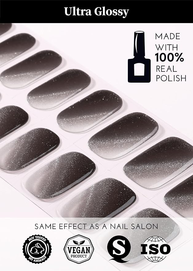 Semi Cured Gel Nail Strips, 20Pcs Long Lasting Salon Quality Wraps, Easy Apply & Remove Gel Nail Stickers with UV Light (Cosmic Silver Black)