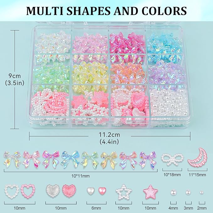 600 Pcs 3D Nail Charms and Flatback Pearls Set 11, 8 Colors Shiny Nail Bows Charm + Pink&White Star Heart Moon Nail Jewels + 2-4mm White Nail Pearls for Nail Art DIY Decoration with Pickup Tools