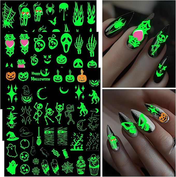 Glow Halloween Nail Art Stickers, Luminous Nail Sticker Decals for Girl Women, Scary Skull Bat Pumpkin Ghost Cat Words Nail Stickers for Nail Art Kids Party Gifts Decoration Self-Adhesive, 9 Sheets