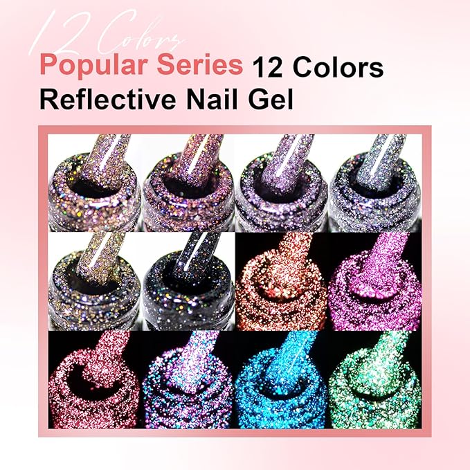 Gel Polish Reflective Glitter Gel Nail Polish Set, 12 Colors Holographic Sparkle Glitter Gel Flash Diamond Sliver Gold Pink Blue UV LED Soak Off Manicure Kit Gift for Women Girls
