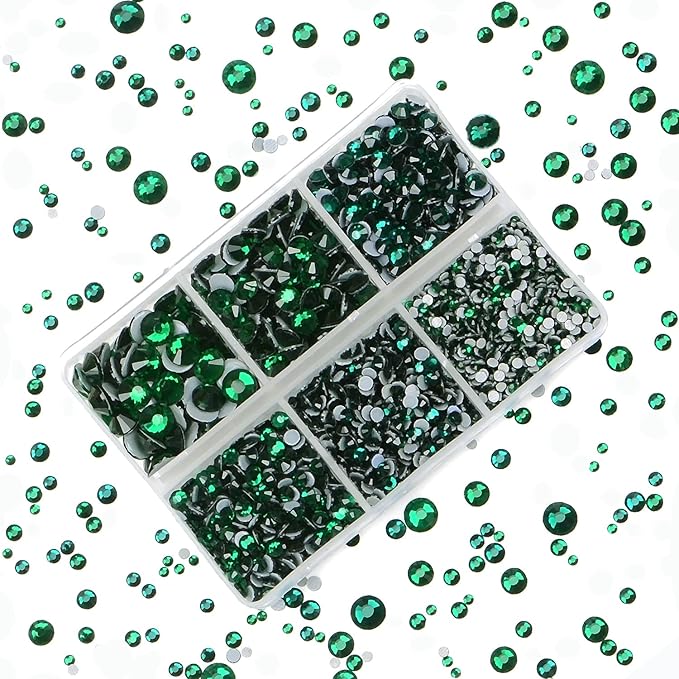 4000pcs Mixed Size Hot Fix Round Crystals Gems Glass Stones Hotfix Flat Back Rhinestones (Emerald)