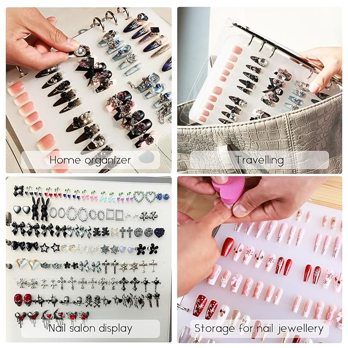 Large Press on Nail Organizer Book Insert Pages 6 Sheets Fake Nails Storage Insert Page Acrylic Salon Display Supplies Removable with Double-Sided Adhesive A4 Size