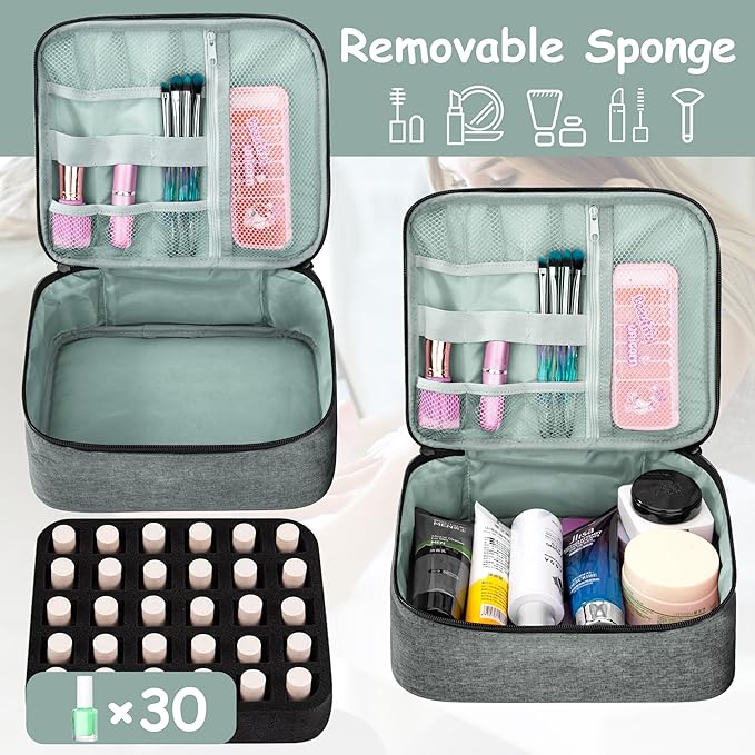 Nail Polish Organizer Case, Large Nail Varnish Storage Carrying Bag, Double Layer Portable Makeup Box Holds 30 Bottles, for Nail Dryer lamp, Nail Art Tools Accessories (Grey), Grey
