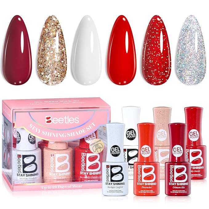 Beetles Valentines Gel Nail Polish Set, Stay Shining Crimson Glamour Shade Set 6 Colors Gel Polish White Red Burgundy Glitter Color Soak Off UV LED Nail Art DIY Salon at Home Gift for Women