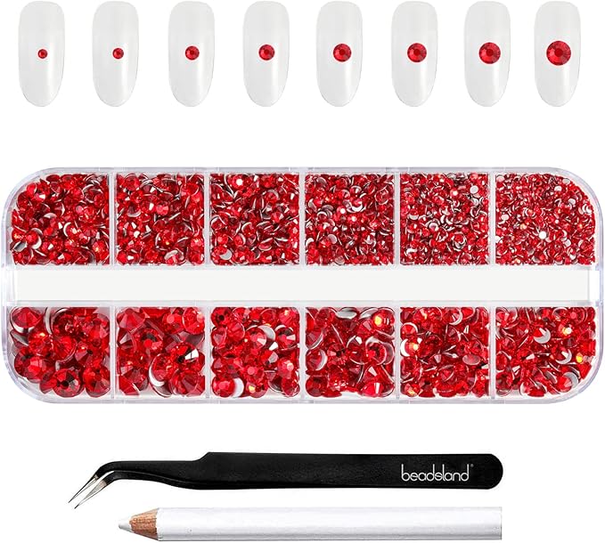 Beadsland Rhinestones for Makeup,8 Sizes 2500pcs Light Red Flatback Rhinestones Face Gems for Nails Crafts with Tweezers and Wax Pencil,Light Siam,SS4-SS30