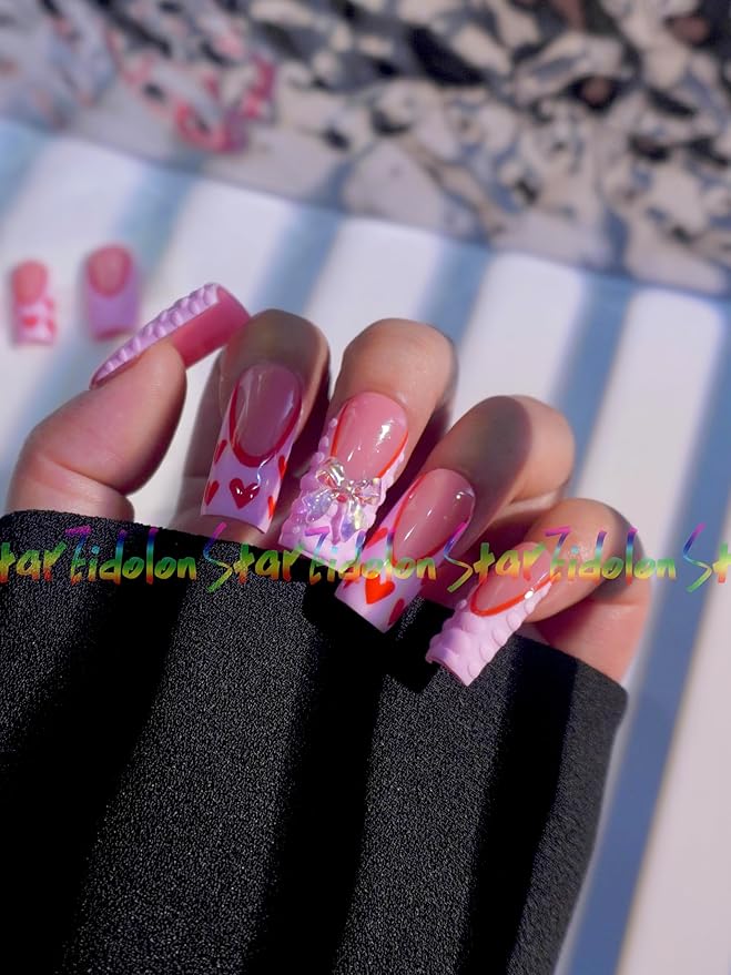HAND-PAINTED White Press Ons Neon Small Press on Nails Long French Press on Nails Coffin Medium Short Nail art Fake Nail Art Kit with 7g Glue on Nails Handmade Almond Square Nails (TJ56, Custom)