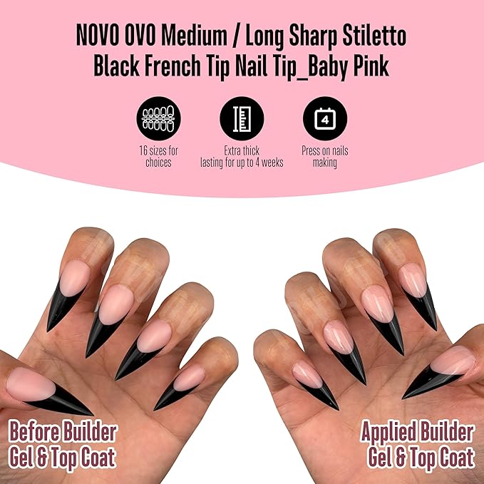 NOVO OVO Black French Tip Sharp Stiletto Pointed Medium Long Nail Tips Press on Baby Pink, Soft Gel Fake Acrylic Extension, Full Cover False Nails for Salon DIY x 16 Sizes 160 pcs